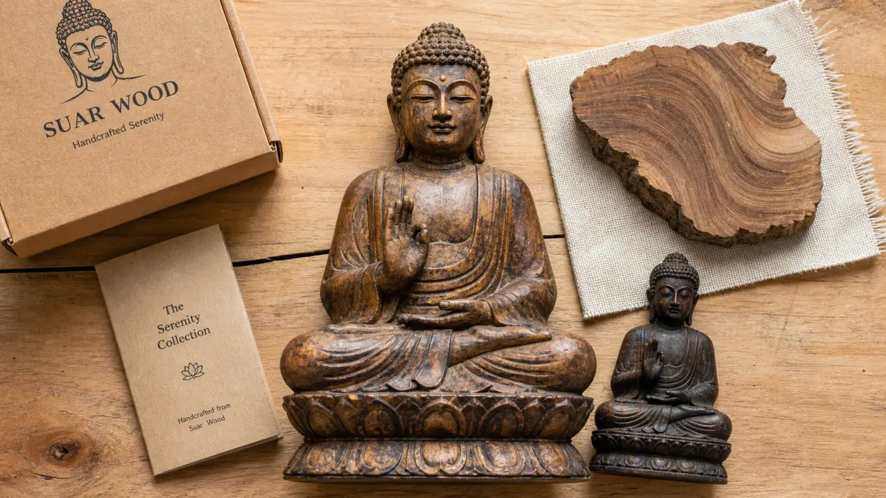 Bouddha en bois massif : zen ou rieur, vue de surface