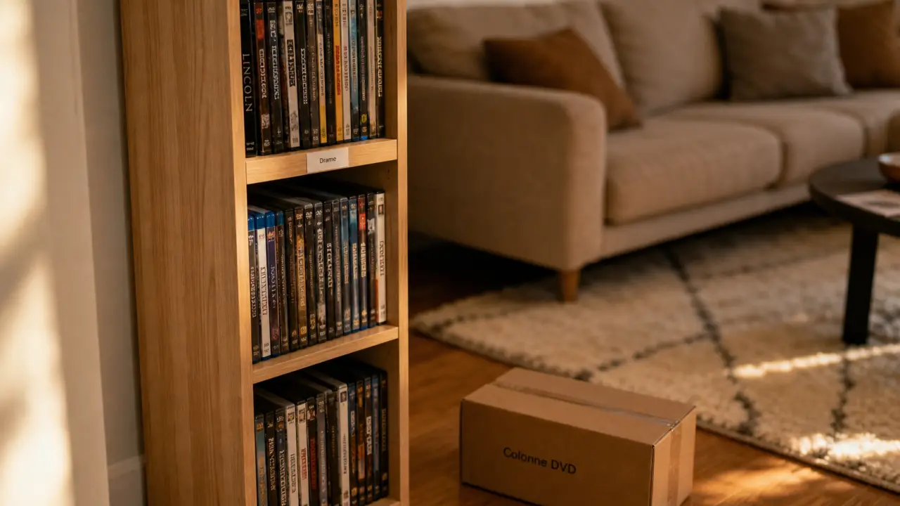 Colonne dvd étroite en bois clair, salon avec étagères DVD