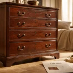 Commode acajou 5 tiroirs, 57 kg — ruban à mesurer et fiche produit