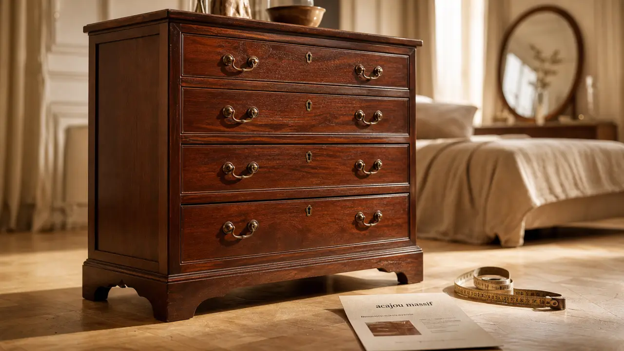 Commode acajou 5 tiroirs, 57 kg — ruban à mesurer et fiche produit