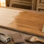 Effet bois veinage réaliste sur panneau de meuble, rouleau et spalter visibles