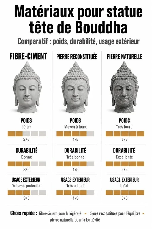 Comparatif des matériaux pour statue tête de Bouddha : fibre-ciment, pierre reconstituée et pierre naturelle pour choisir sa décoration.