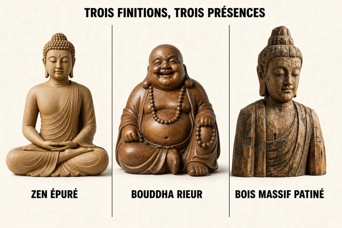 Bouddha en bois : comparaison visuelle d’un modèle zen, d’un bouddha rieur et d’une statue sculptée en bois massif