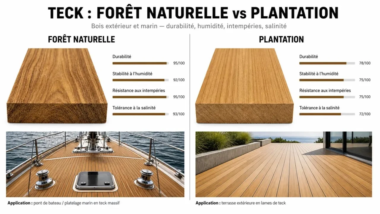 Teck : comparaison entre teck naturel et teck de plantation