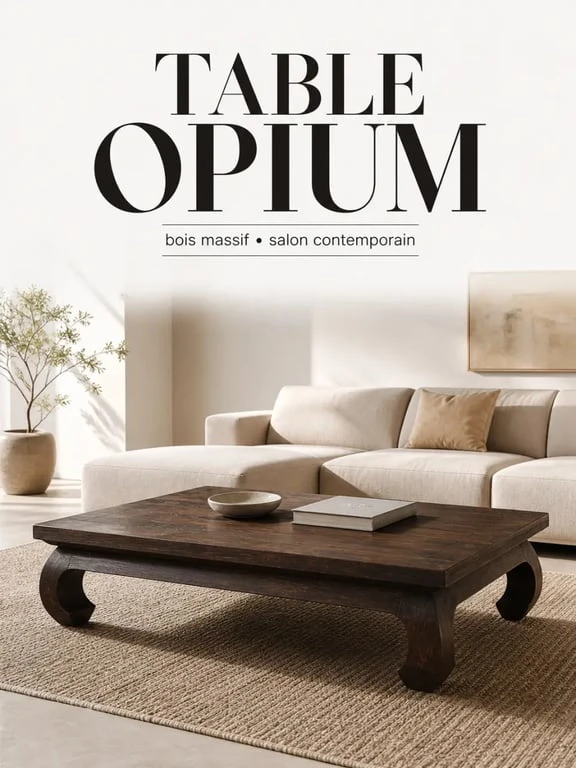 Table opium dans un salon contemporain avec bois foncé et pieds courbés