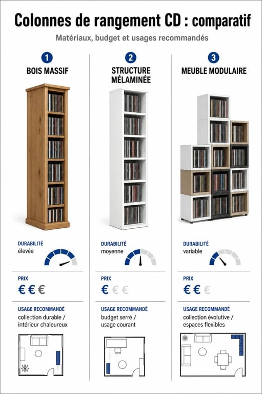 Infographie comparative des différents types de colonnes de rangement pour CD et DVD