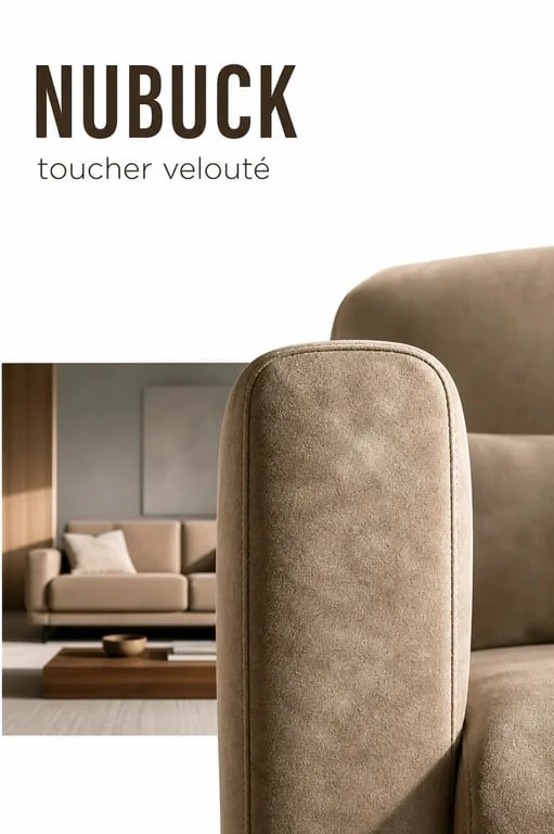 Canapé nubuck dans un salon contemporain avec gros plan sur la texture veloutée