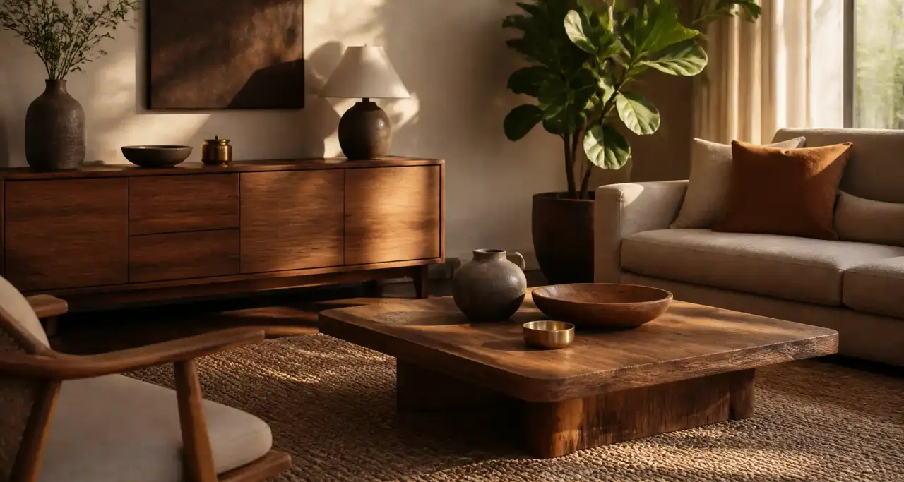 Salon contemporain baigné de lumière avec mobilier en teck et chêne massif, textiles en lin et détails en laiton