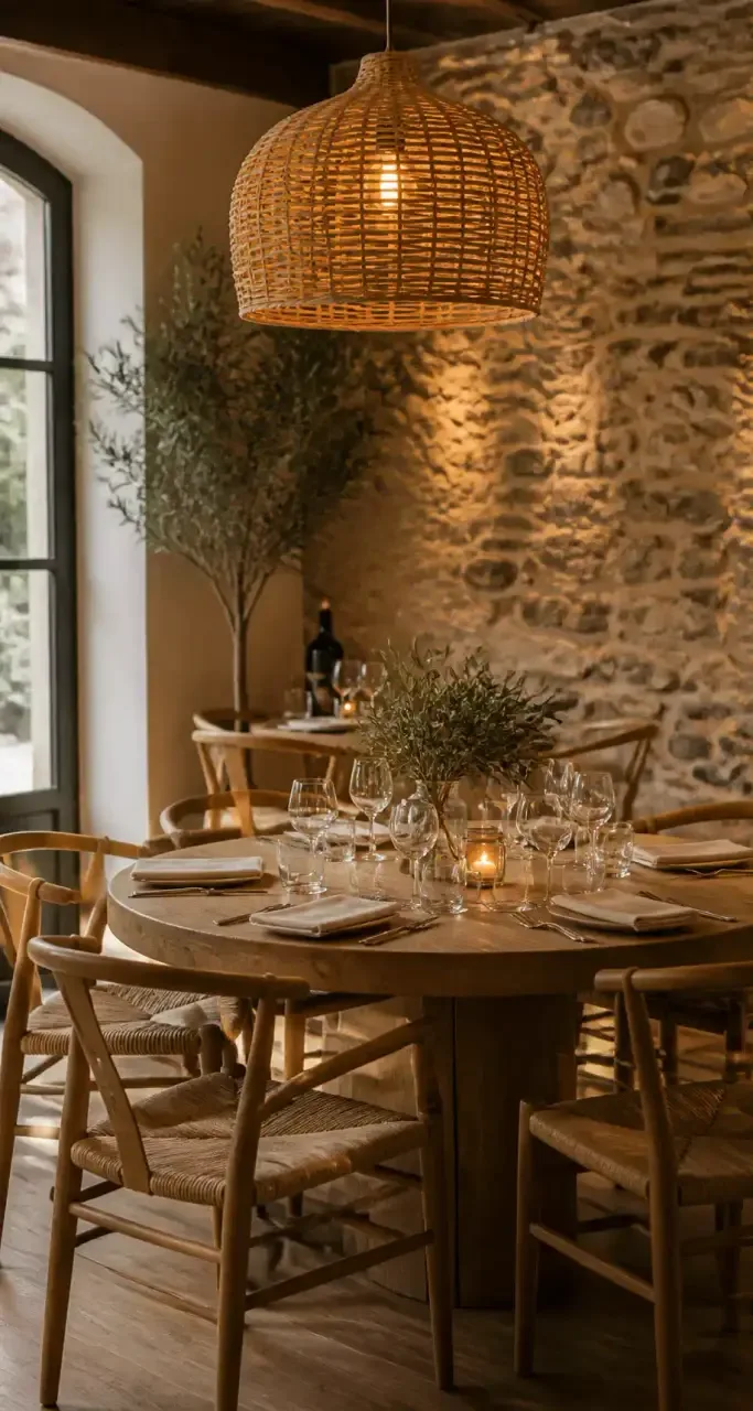 Salle à manger avec grande table en chêne massif au style rustique chic