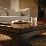 Table opium en bois foncé : plateau bas et pieds en sabre