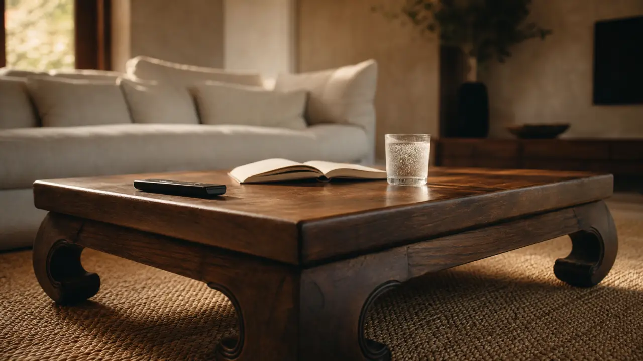 Table opium en bois foncé : plateau bas et pieds en sabre