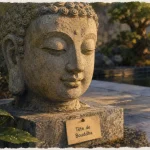 Tete bouddha en pierre zen, gros plan jardin