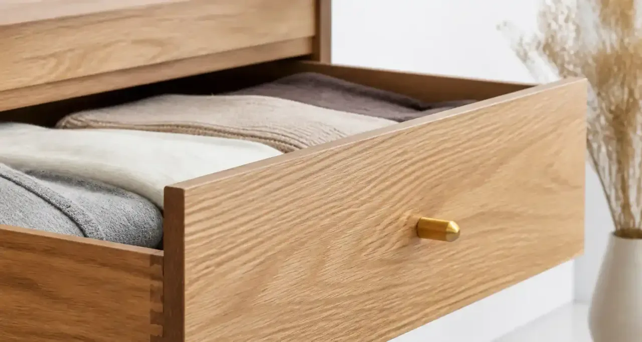 Tiroir en bois minimaliste avec poignée en laiton