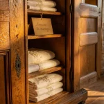 Armoire de mariage ancienne en chêne massif, détail du bois et ferrures patinées