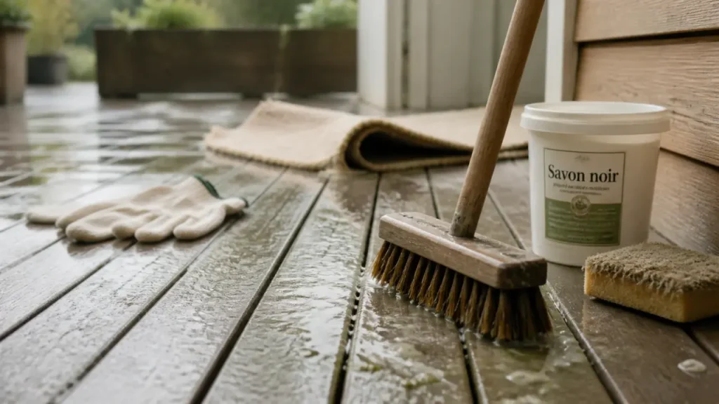 Savon noir, vinaigre blanc ou terre de Sommières : quelle astuce pour nettoyer une terrasse en bois ?