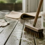Astuce de grand-mère pour nettoyer une terrasse en bois : savon noir sur éponge, balai-brosse et mousse