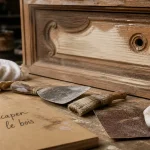Décaper un meuble en bois : ponçage et décapant sur établi