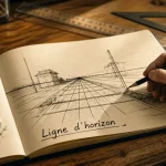 Dessin perspective intérieure : ligne d’horizon et point de fuite sur carnet.