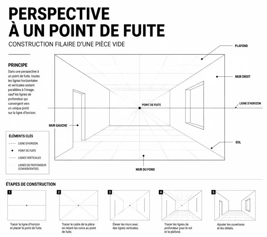Construction filaire d'une pièce pour un dessin perspective intérieure