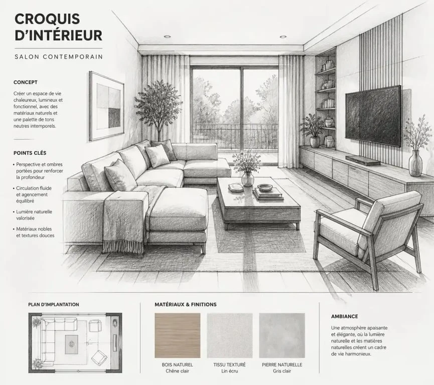 Exemple de dessin perspective intérieure d'un salon avec mobilier et ombres
