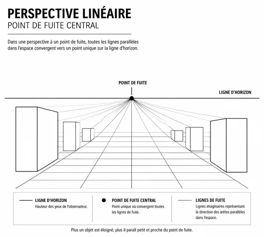 Schéma de base pour un dessin perspective intérieure avec ligne d'horizon et point de fuite