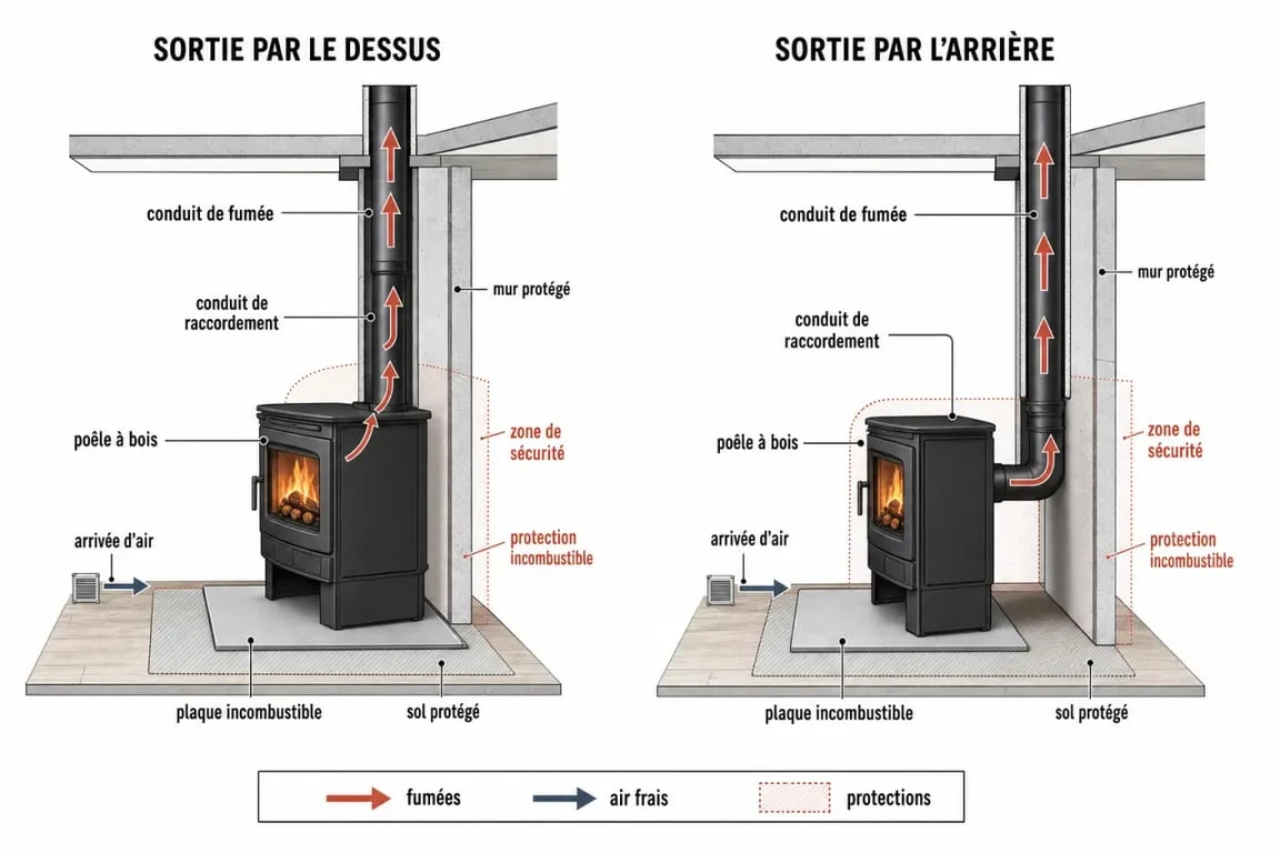 Schéma installation poêle à bois avec sortie dessus et sortie arrière, conduits, arrivée d’air et zones de sécurité