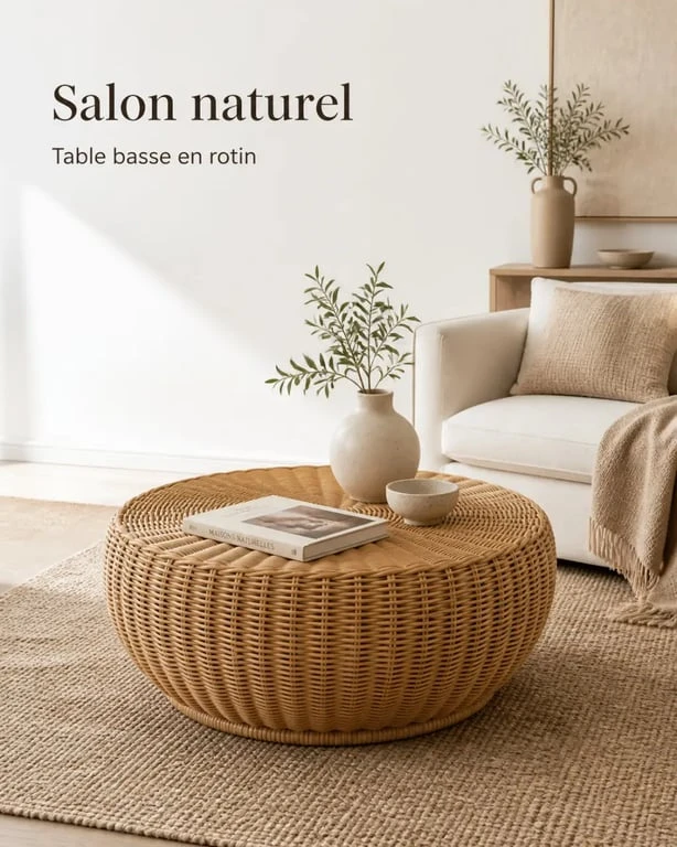 Table basse en rotin dans un salon lumineux et décoratif