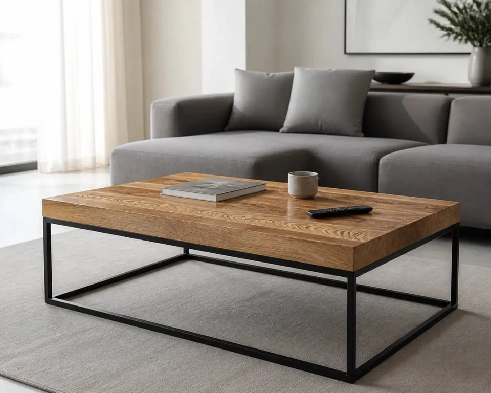 Table basse manguier dans un salon contemporain avec structure en métal noir
