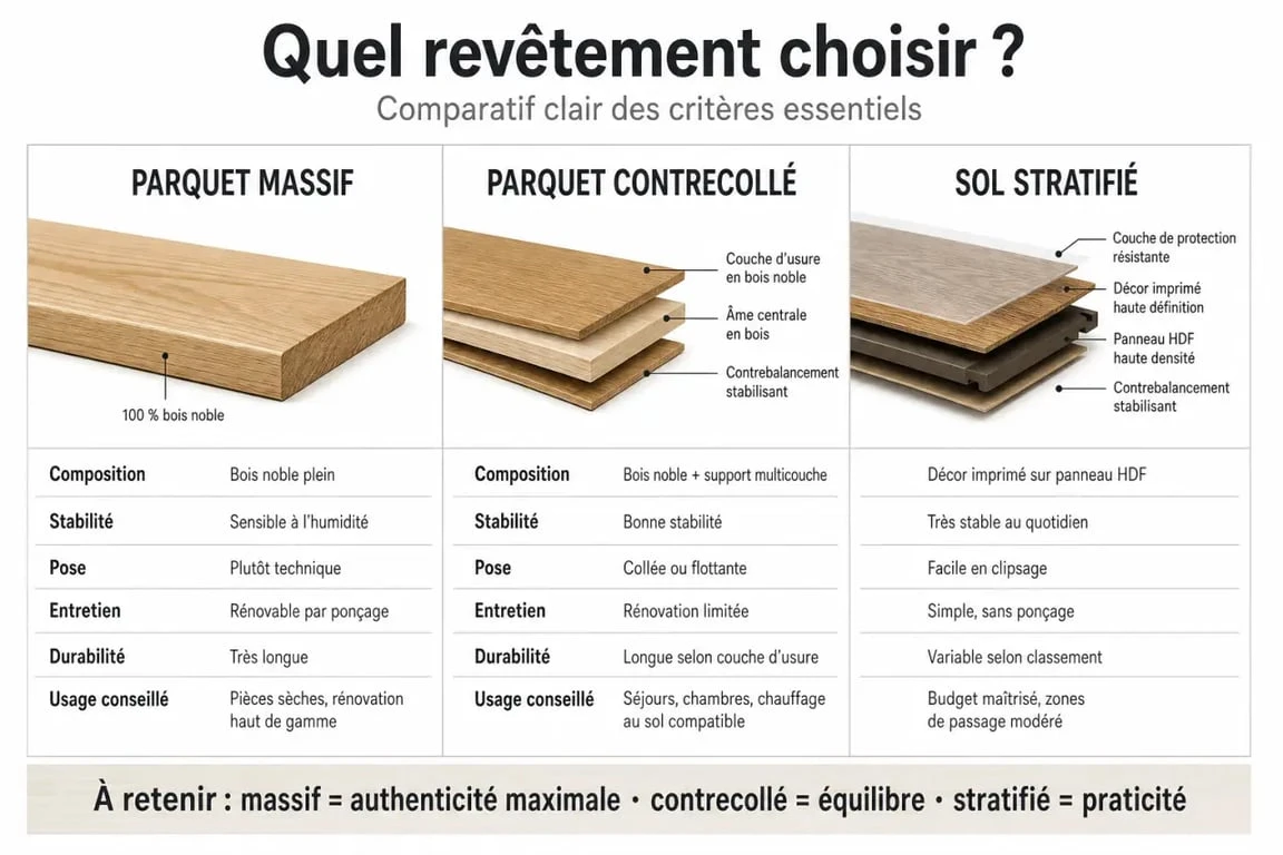 Different parquet : comparatif visuel entre parquet massif, contrecollé et stratifié