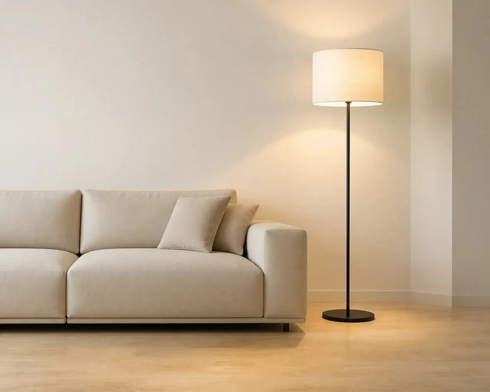 Lampe de salon sur pied dans un salon contemporain, mise en situation décorative et lumineuse
