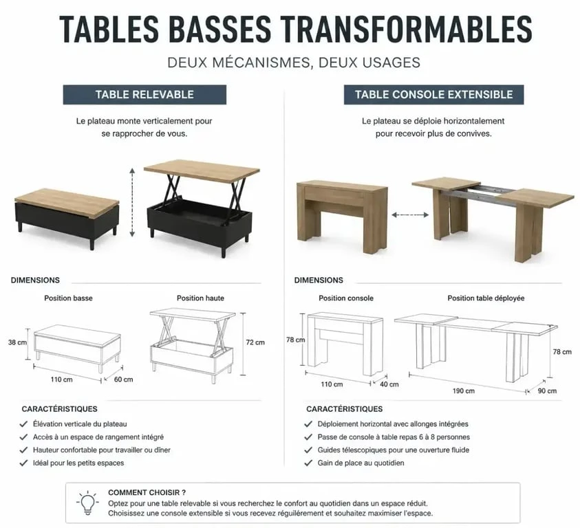 Comparatif des mécanismes de table basse convertible : relevable vs extensible