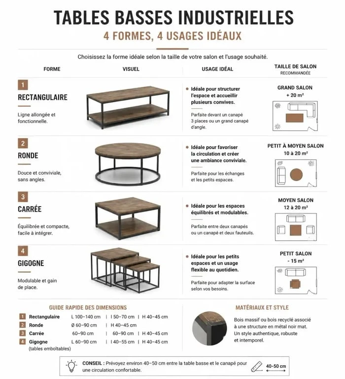 Comparatif des formats de table basse industrielle pour le salon