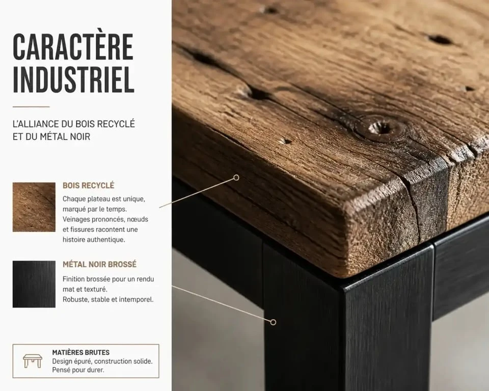 Détails des matériaux d'une table basse industrielle bois et métal