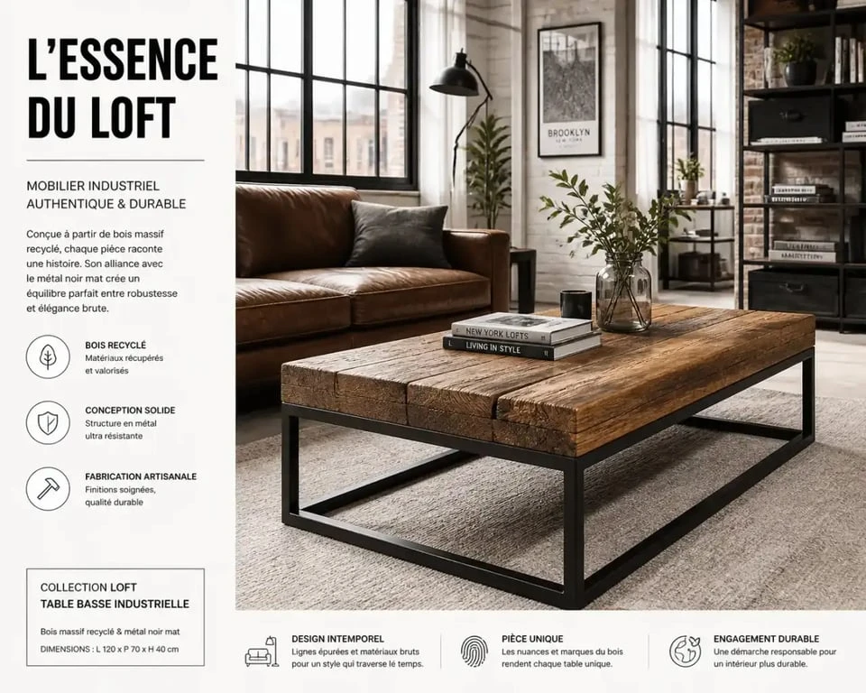 Table basse industrielle en bois et métal dans un salon contemporain