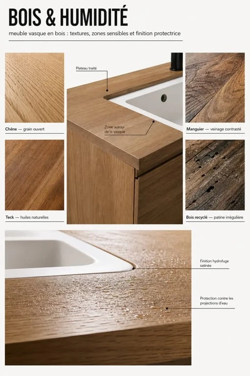Meuble vasque en bois : comparaison visuelle des essences et finitions autour de la vasque