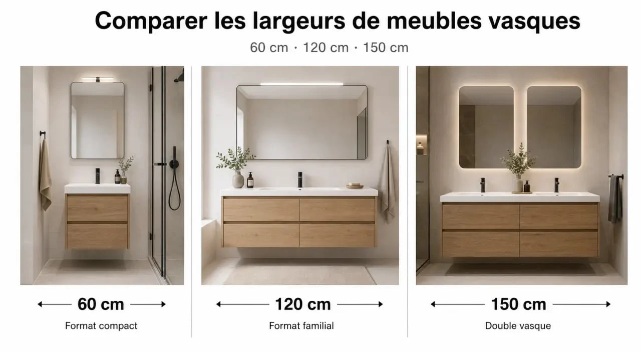 Meuble vasque en bois comparé en trois formats de salle de bain, du compact au double vasque