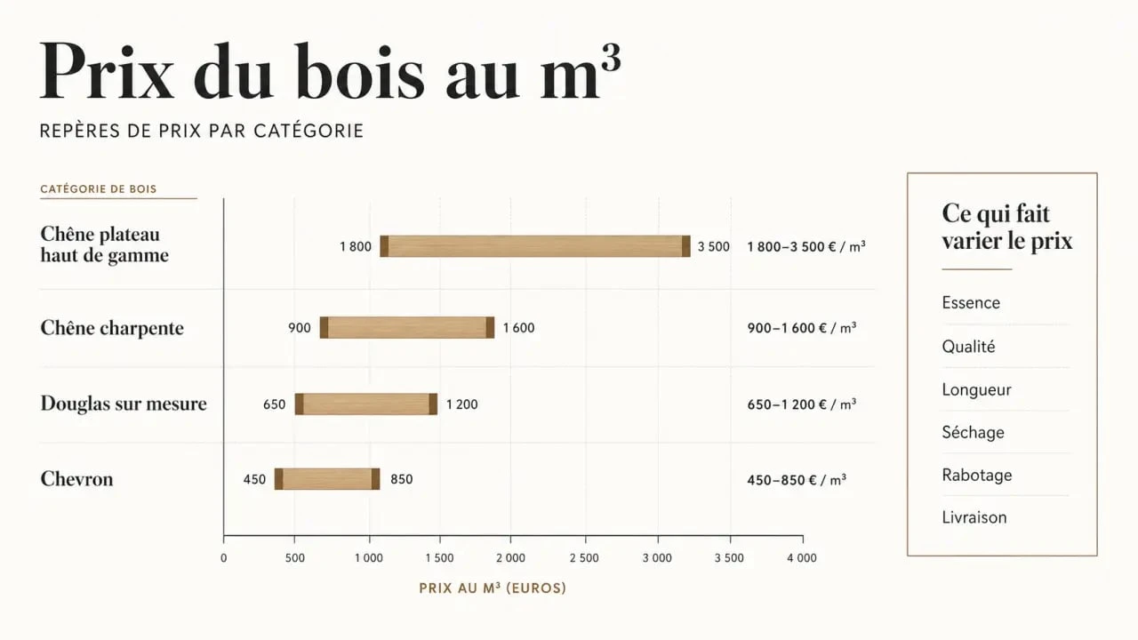 Prix bois au m3 : comparaison visuelle des tarifs selon l’essence, la qualité et l’usage