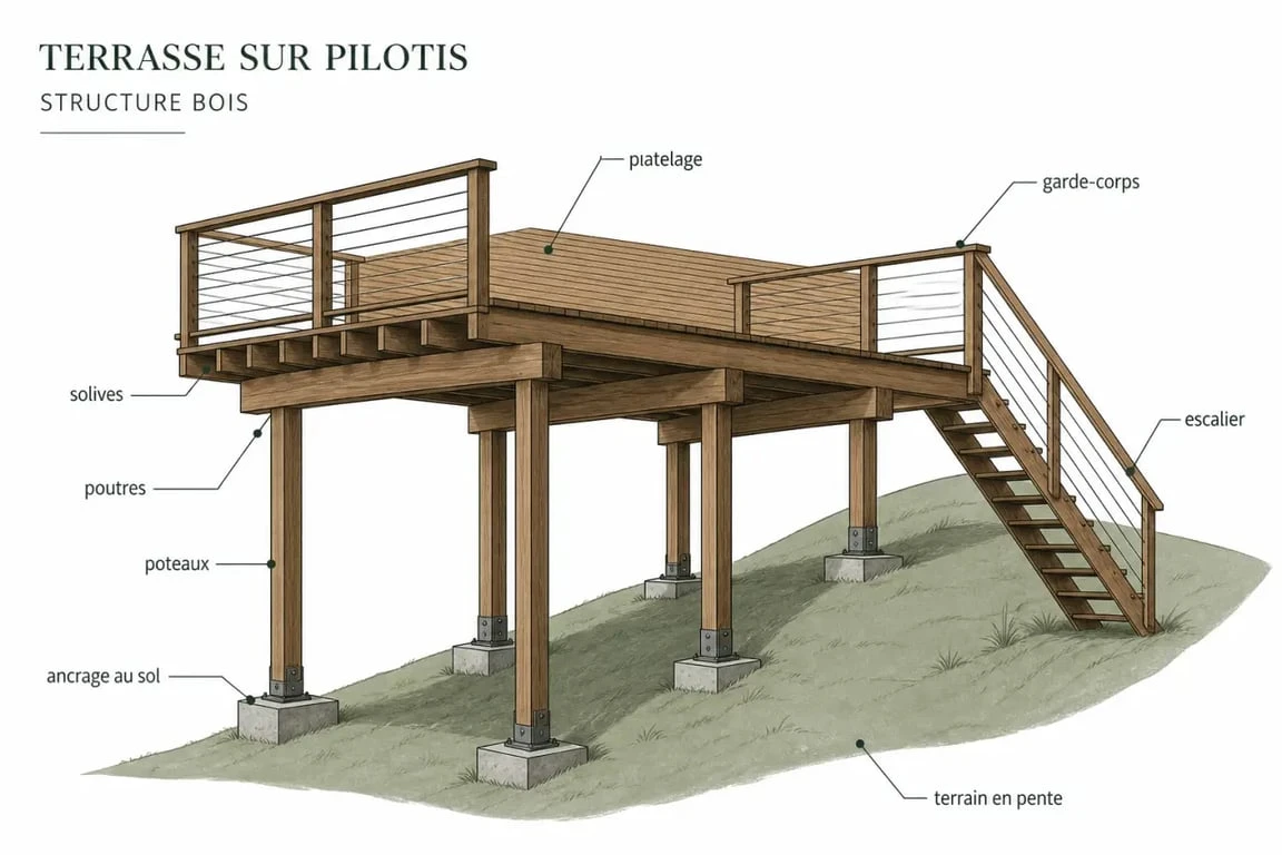 Terrasse en bois sur pilotis sur terrain en pente avec structure visible