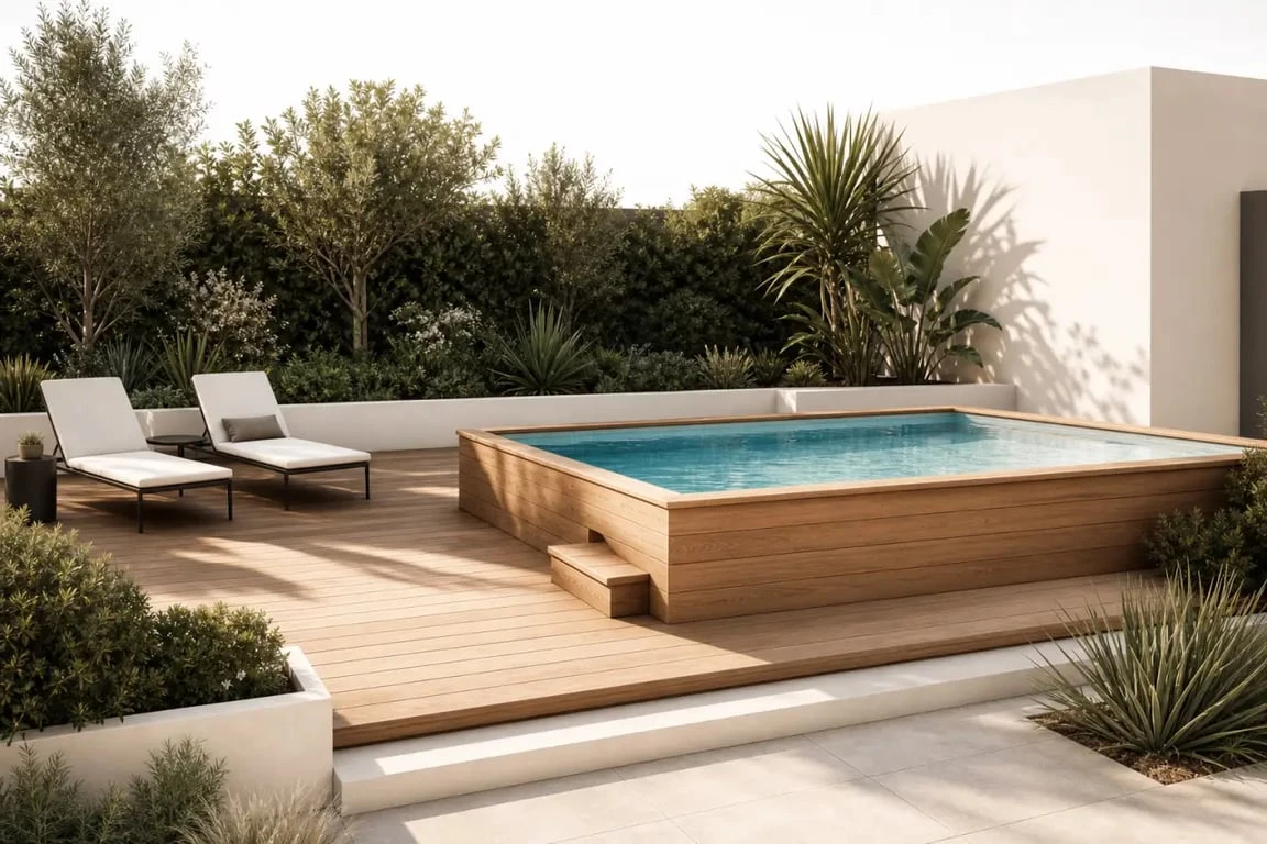 Piscine hors sol bois avec terrasse intégrée dans un jardin contemporain