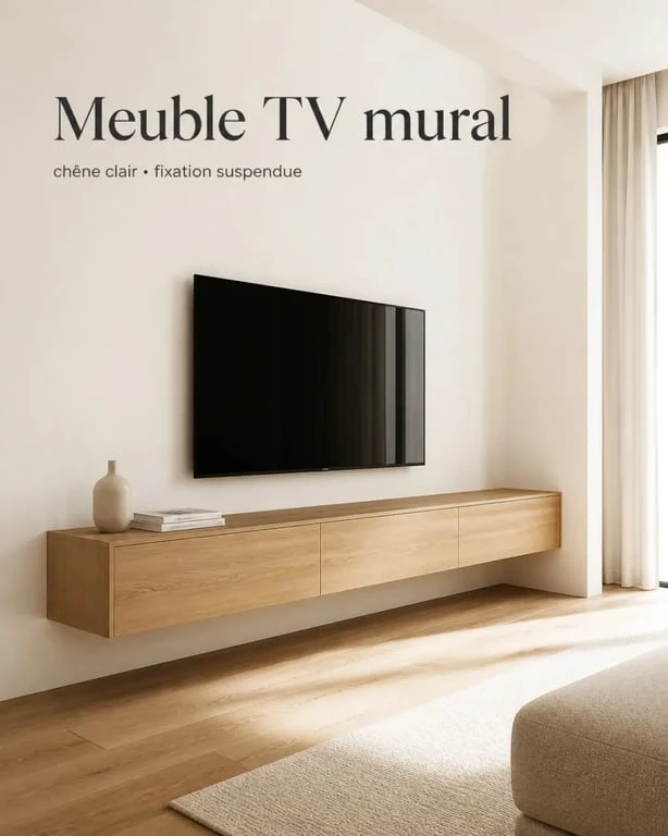 Meuble TV mural en bois chêne clair dans un salon contemporain