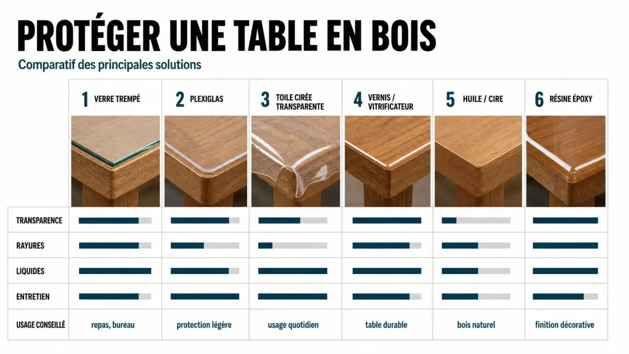 Protection table bois : comparaison visuelle des solutions verre trempé, plexiglas, toile cirée, vernis, huile et cire