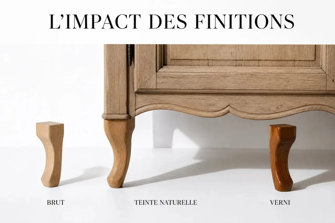 Pied en bois pour meuble : différences de finition entre brut, teinté et verni