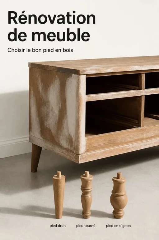 Pied en bois pour meuble : plusieurs styles de pieds en bois comparés sur un meuble rénové