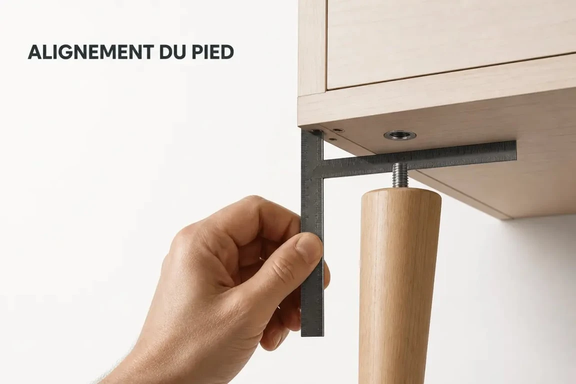 Pied en bois pour meuble : contrôle de la fixation et des mesures avant montage