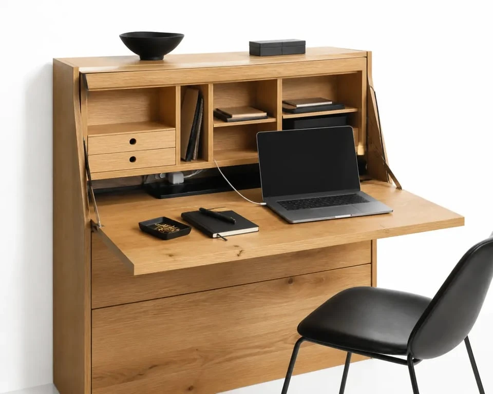 Meuble secretaire en bois ouvert avec rangements et coin télétravail