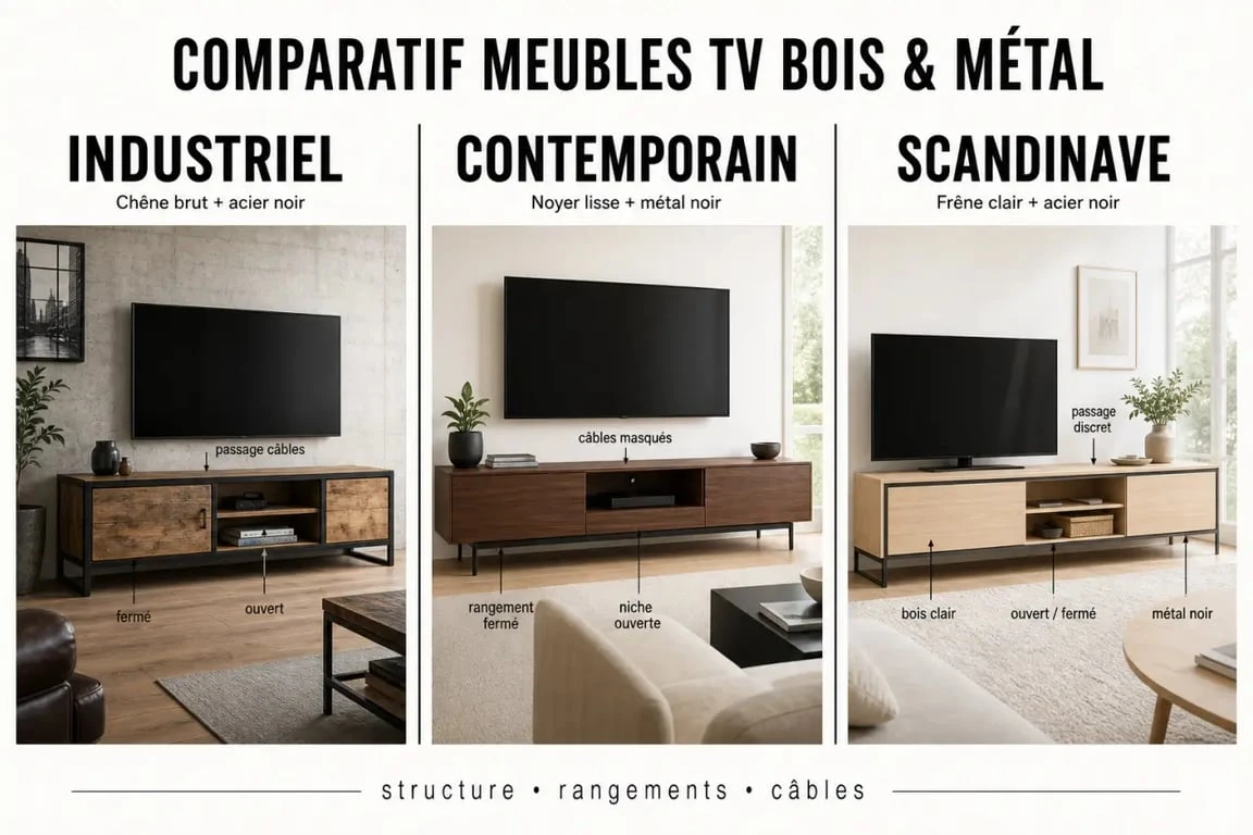 Meuble tv en bois et metal : comparaison des styles industriel, contemporain et scandinave
