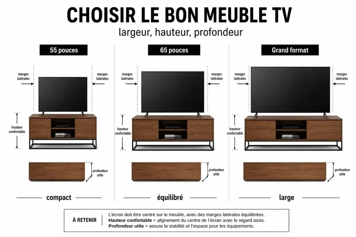 Meuble tv en bois et metal : comparaison des dimensions idéales selon la taille de l’écran