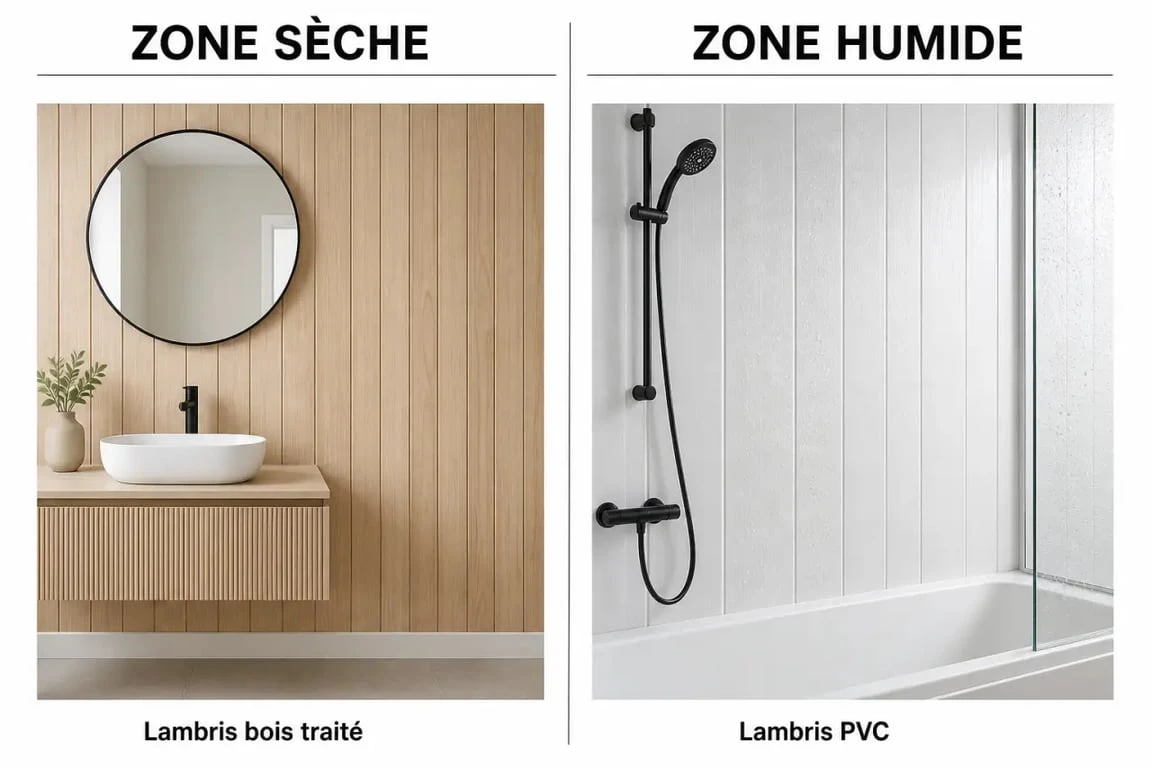 Lambris dans une salle de bain : comparaison bois traité et PVC