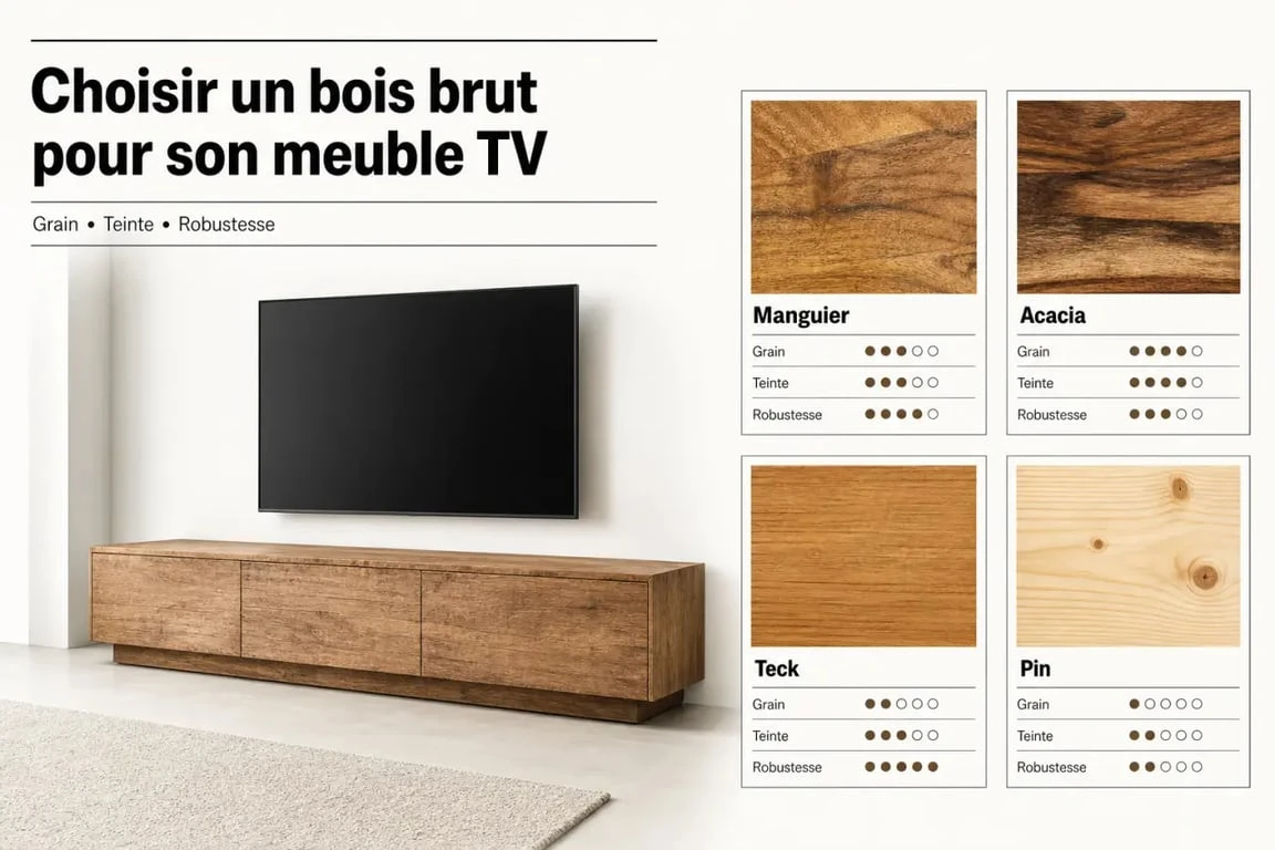 Meuble tv en bois brut : comparaison visuelle des essences manguier, acacia, teck et pin