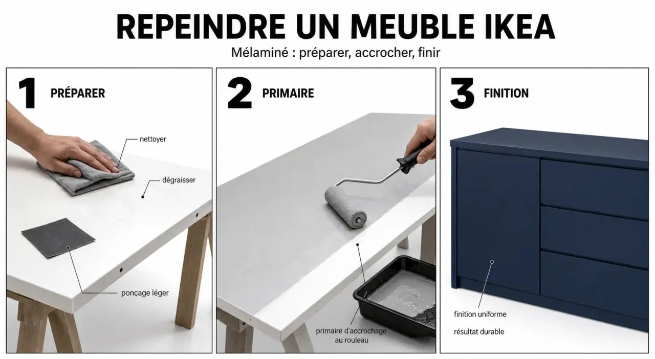 Repeindre meuble IKEA : préparation, primaire et finition sur un meuble mélaminé